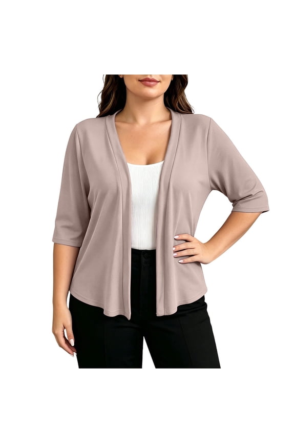 Womens Cardigan Jackets Plus Size Half Sleeve Loose Comfy Casual Open Front Mid Length Plain Outwear Jackets,Brown,XXL