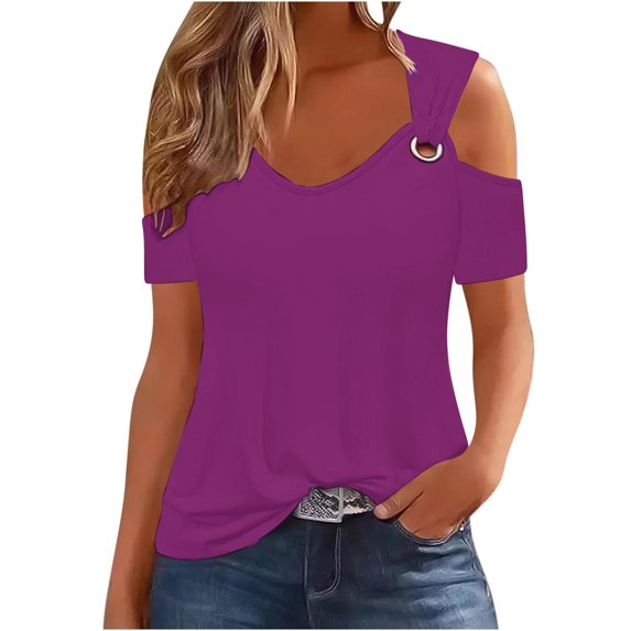 Timegard Womens Cold Shoulder Tops Short Sleeve V Neck Solid Color Shirts Loose Fitted Basic Tunic