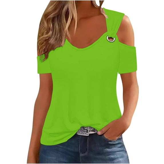 Timegard Womens Cold Shoulder Tops Short Sleeve V Neck Solid Color Shirts Loose Fitted Basic Tunic