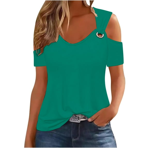Timegard Womens Cold Shoulder Tops Short Sleeve V Neck Solid Color Shirts Loose Fitted Basic Tunic
