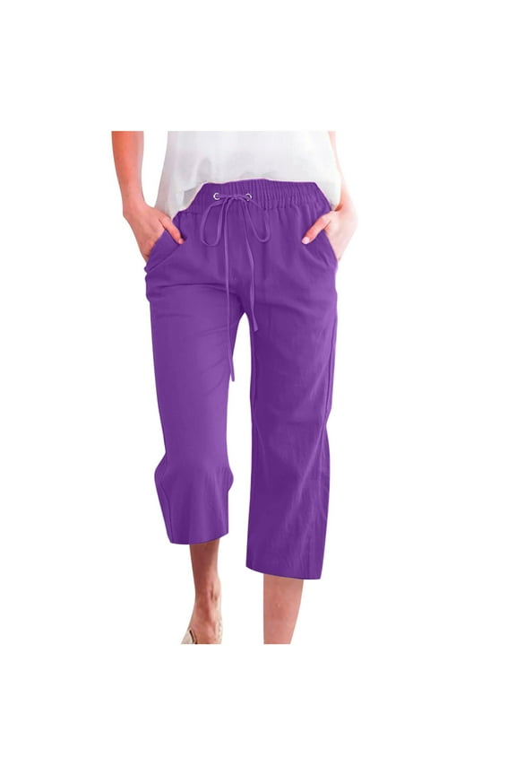 Womens Cotton Linen Pants Capris Drawstring Casual Solid Color Cropped Trousers with Pockets