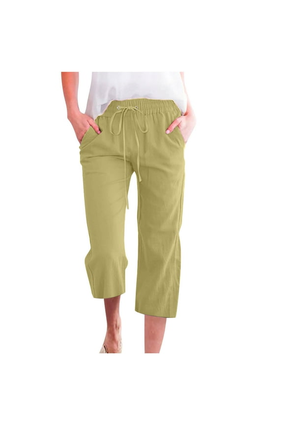 Womens Cotton Linen Pants Capris Drawstring Casual Solid Color Cropped Trousers with Pockets