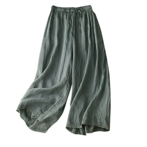 Timegard Womens Cotton Linen Pants Elastic High Waisted Drawstring Wide Leg Cropped Lounge Trousers with Liner