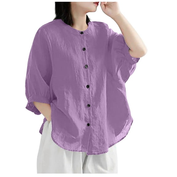 Timegard Womens Cotton Linen Tops Round Neck 1/2 Sleeve Button Lightweight Loose Casual Tops Summer