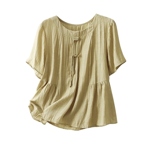 Timegard Womens Cotton Linen Tops Round Neck Button Short Sleeve Flowy Dressy Casual Loose Top Blouse