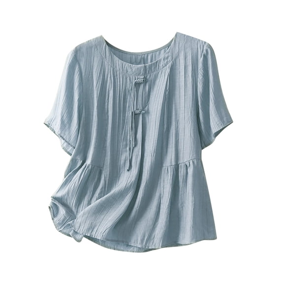 Timegard Womens Cotton Linen Tops Round Neck Button Short Sleeve Flowy Dressy Casual Loose Top Blouse