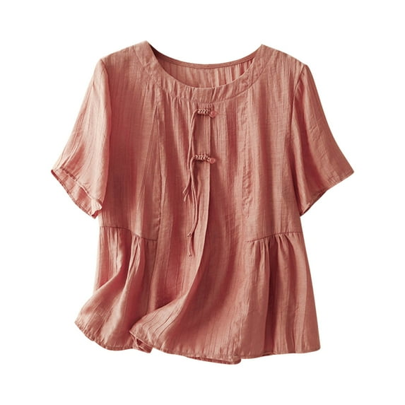 Timegard Womens Cotton Linen Tops Round Neck Button Short Sleeve Flowy Dressy Casual Loose Top Blouse
