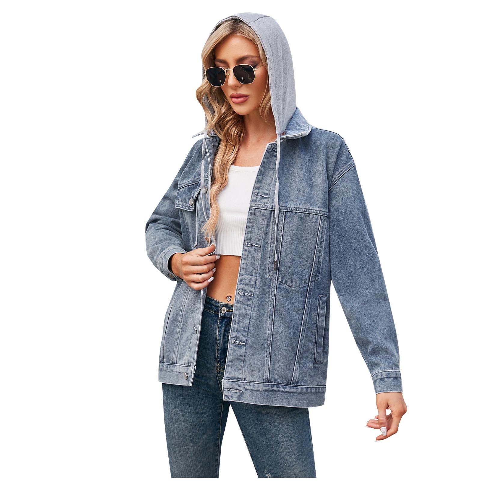 Timegard Womens Denim Jackets Lapel Neck Long Sleeve Drawstring Hoodie Top Jean Jacket with Pockets Walmart