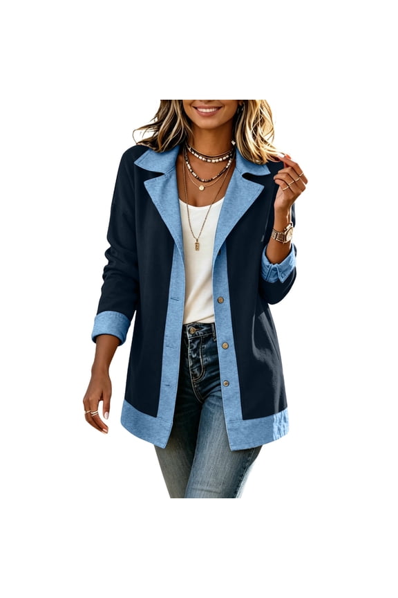 Womens Denim Patchwork Collared Shirt Jacket Loose Button down Long Sleeve Shacket Casual Sweatshirts Jacket,Navy,S