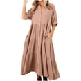 thumbnail image 1 of Timegard Womens Dresses Ruched Button up 3/4 Sleeve Ruffle Lightweight Casual Shirts Dress with Pockets, 1 of 5