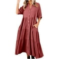 thumbnail image 1 of Timegard Womens Dresses Ruched Button up 3/4 Sleeve Ruffle Lightweight Casual Shirts Dress with Pockets, 1 of 5