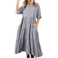 thumbnail image 1 of Timegard Womens Dresses Ruched Button up 3/4 Sleeve Ruffle Lightweight Casual Shirts Dress with Pockets, 1 of 5