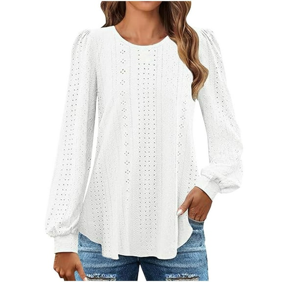Timegard Womens Eyelet Tops Puff Long Sleeve Blouse Dressy Casual Round Neck Tunic Tops Fall Clothes
