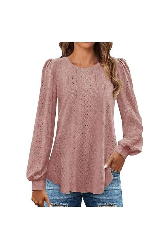Womens Eyelet Tops Puff Long Sleeve Blouse Dressy Casual Round Neck Tunic Tops Fall Clothes