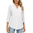 thumbnail image 1 of Timegard Womens Eyelet Tops V Collar Ruched 3/4 Sleeve Comfy Solid Color Blouse Casual Tunic Tops, 1 of 8