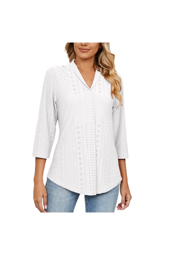 Womens Eyelet Tops V Collar Ruched 3/4 Sleeve Comfy Solid Color Blouse Casual Tunic Tops