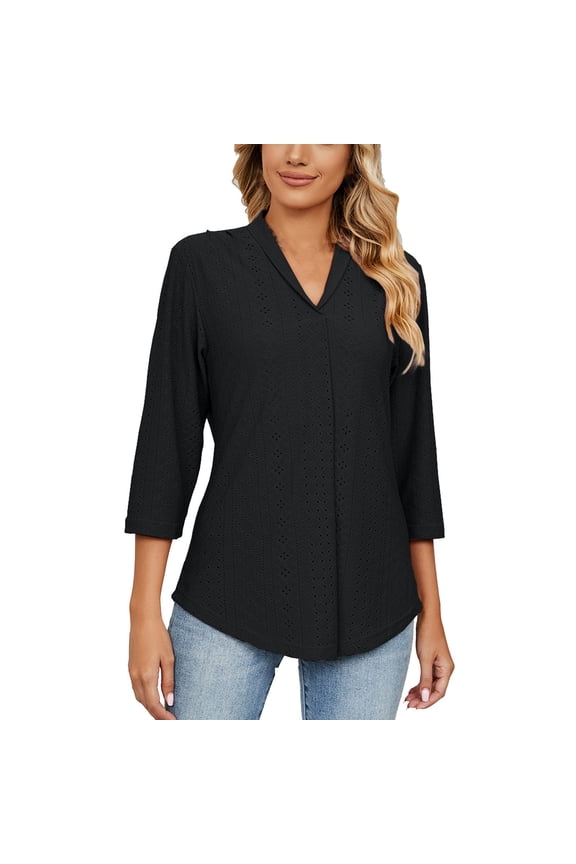 Womens Eyelet Tops V Collar Ruched 3/4 Sleeve Comfy Solid Color Blouse Casual Tunic Tops