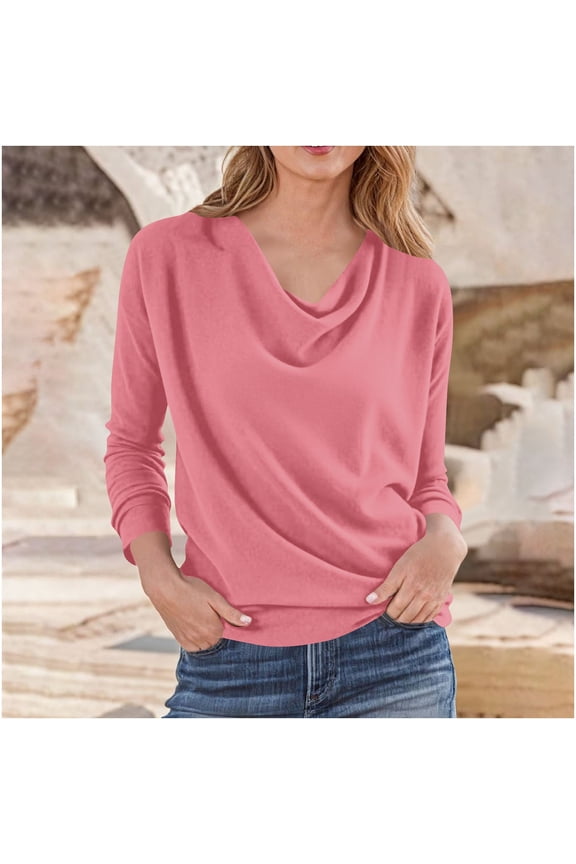 Womens Fall Tops Drop Shoulder Long Sleeve Tops Casual Solid Color Loose Comfy Ruched Blouse