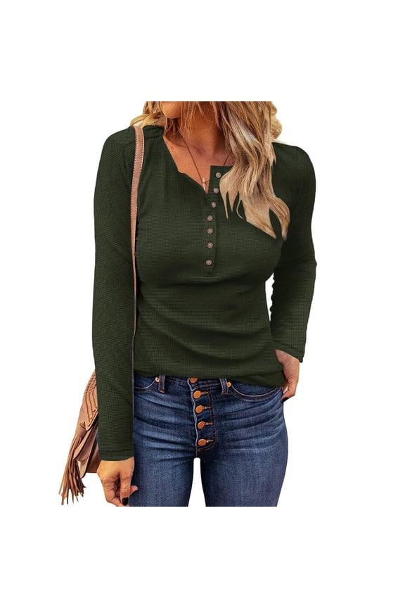 Womens Fall Tops Notched V Neck Button Long Sleeve Slim Fitting Shirts Casual Solid Color Going out Tops