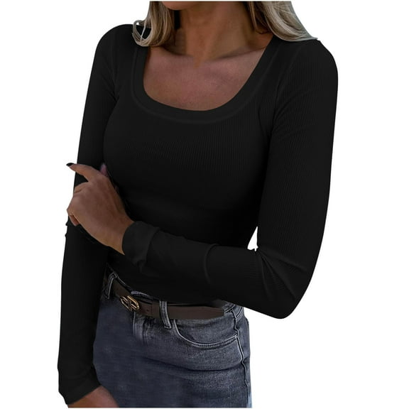 Timegard Womens Going out Tops Ribbed Square Neck Long Sleeve Slim Tee Fall Casual Tops Undershirts