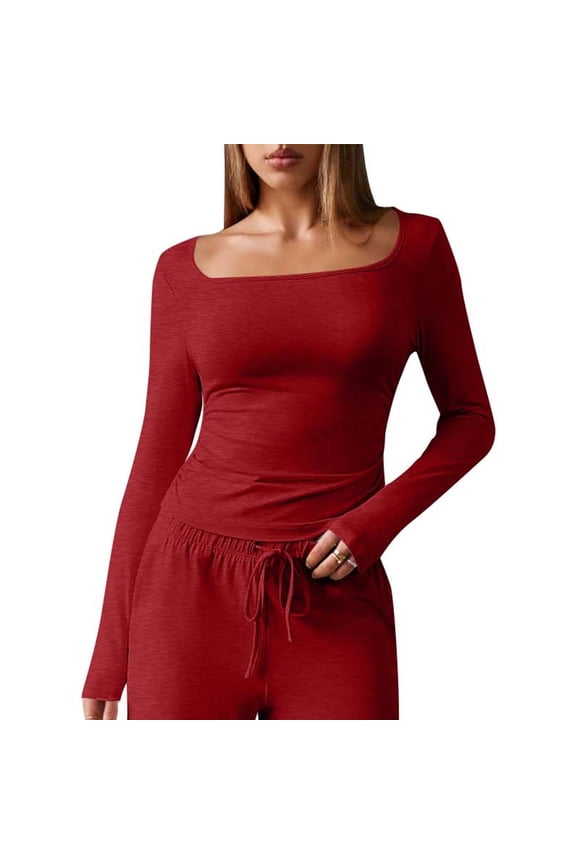 Womens Long Sleeve Shirts Fall Fashion Square Neck Slim Going out Tops Basics Tees Clothes