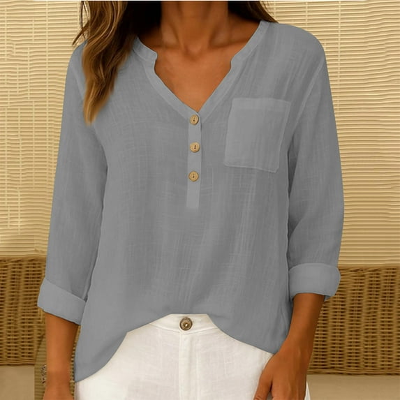 Timegard Womens Long Sleeve Tops Button Notch V Neck Loose Blouse Casual Lightweight Solid Color Shirts Tops