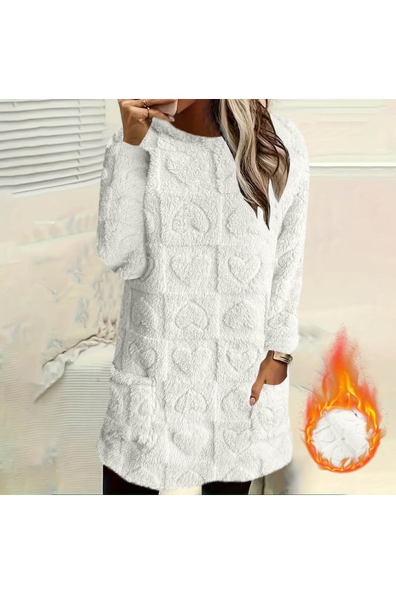 Womens Long Sleeve Tops Fleece Lined Round Neck Warm Comfy Loose Blouse Solid Color Loungewear