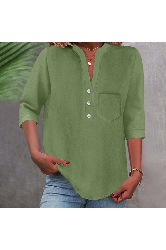 Womens Long Sleeve Tops Notch V Neck Button Lightweight Blouse Drop Shoulder Casual Shirts Tops