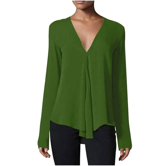 Timegard Womens Long Sleeve Tops V-Neck Solid Color Flowy Tshirts Fall Casual Tunic Tops for Leggings