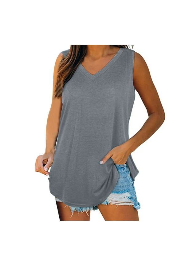 Womens Long Tank Top V-Neck Wide Strap Sleeveless Summer Casual Tunic to Wear with Leggings