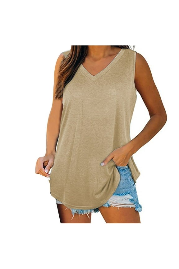 Womens Long Tank Top V-Neck Wide Strap Sleeveless Summer Casual Tunic to Wear with Leggings