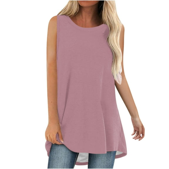 Timegard Womens Long Tank Tops Round Neck Sleeveless Solid Color Casual Loose Top Basic Tshirts Blouse