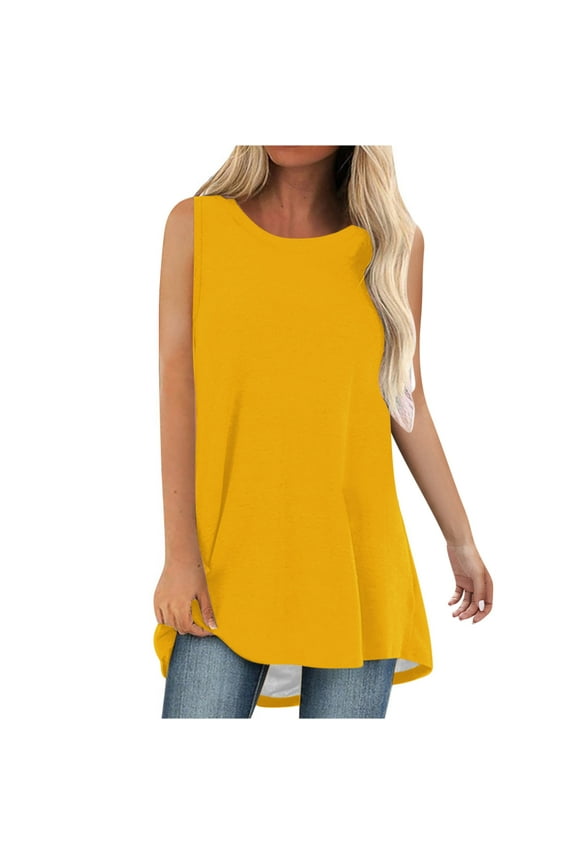 Womens Long Tank Tops Round Neck Sleeveless Solid Color Casual Loose Top Basic Tshirts Blouse