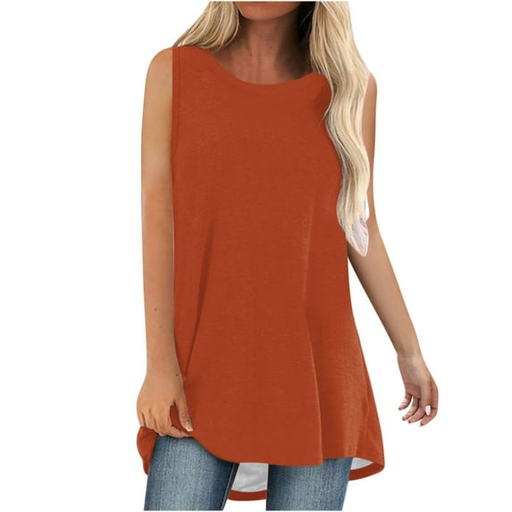 Timegard Womens Long Tank Tops Round Neck Sleeveless Solid Color Casual Loose Top Basic Tshirts Blouse