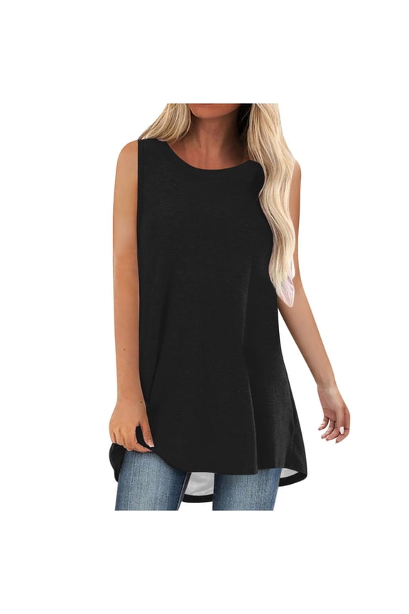 Womens Long Tank Tops Round Neck Sleeveless Solid Color Casual Loose Top Basic Tshirts Blouse