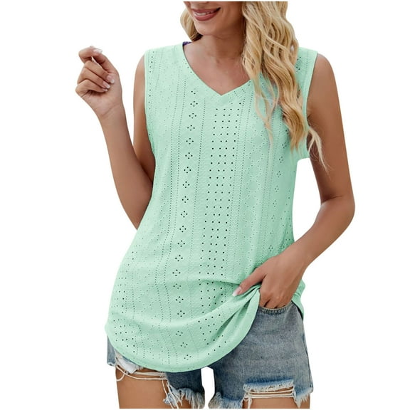 Timegard Womens Long Tank Tops V-Neck Eyelet Sleeveless Summer Casual Tunic Tops to Wear with Leggings