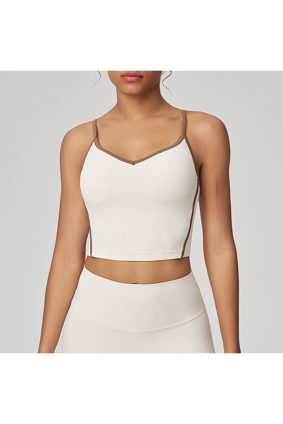 Womens Longline Sports Bras Spaghetti Strap Active Gym Yoga Workout Crop Tank Top with Built in Bra