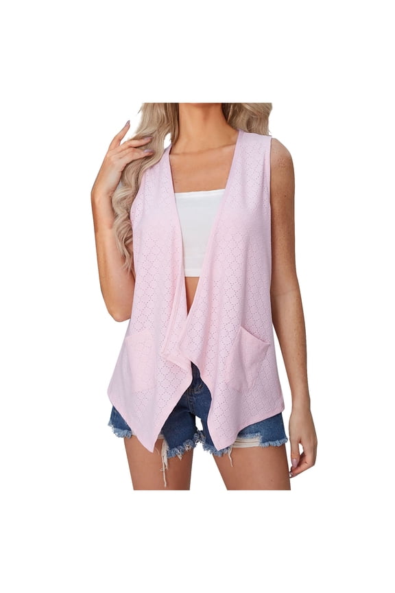 Womens Open Front Cardigan Eyelet Sleeveless Loose Cover up Dressy Casual Blouse Tops with Pockets