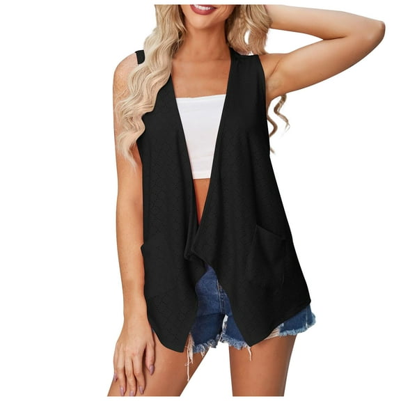 Timegard Womens Open Front Cardigan Eyelet Sleeveless Loose Cover up Dressy Casual Blouse Tops with Pockets