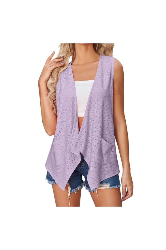 Womens Open Front Cardigan Eyelet Sleeveless Loose Cover up Dressy Casual Blouse Tops with Pockets