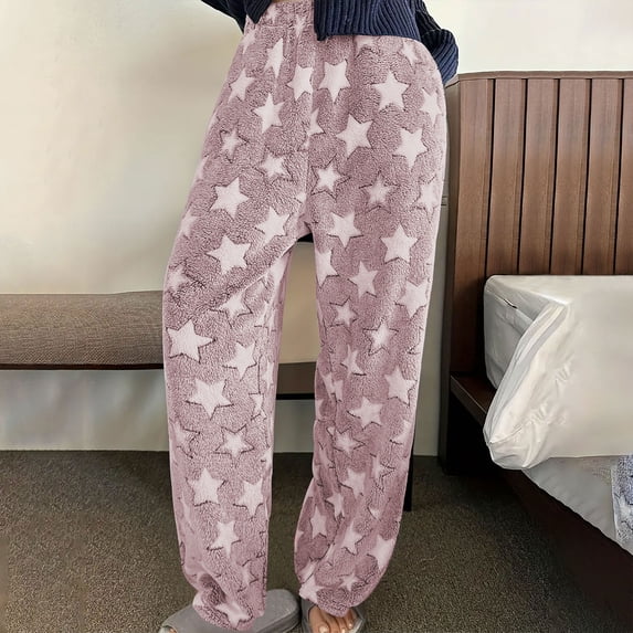 Timegard Womens Pajama Pants Fall Winter Plus Size Fuzzy Fleece Comfy Loose Sleepwear High Waist Print Pants