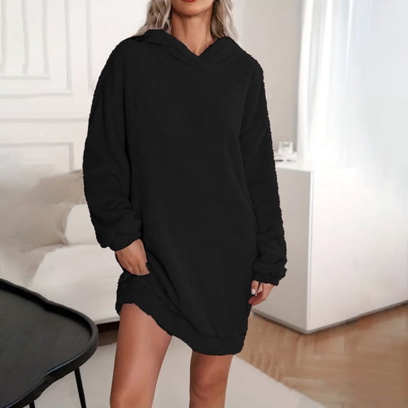 Timegard Womens Pajamas Fall Winter Mid Long Hoodies Pullover Fleece Warm Loose Long Sleeve Sleep Dresses
