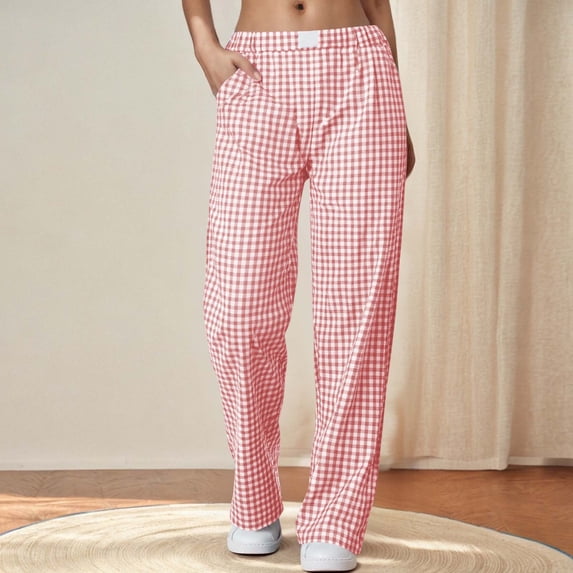 Timegard Womens Pajamas Pants Plaid Straight Leg Elastic Waist Loose Loungewear Trousers with Pockets