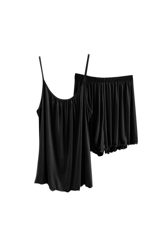 Womens Pajamas Sets Scoop Neck Ruched Camis Ruffle Shorts Lounge Outfits Summer Sleepwear