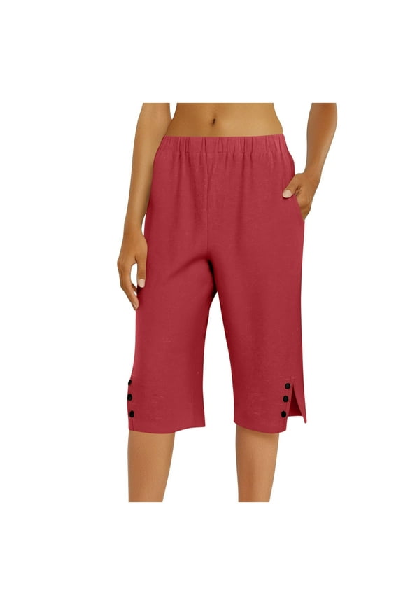 Womens Pants Knee Length Elastic Waist Side Split Button Lightweight Casual Solid Color Half Pants