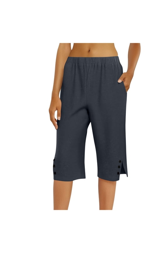 Womens Pants Knee Length Elastic Waist Side Split Button Lightweight Casual Solid Color Half Pants