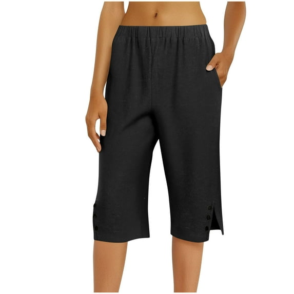 Timegard Womens Pants Knee Length Elastic Waist Side Split Button Lightweight Casual Solid Color Half Pants