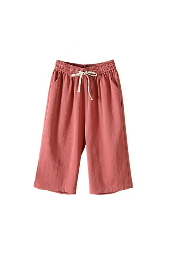 Womens Plus Size Capri Pants Elastic Waisted Drawstring Wide Leg Casual Crop Pants with Pockets