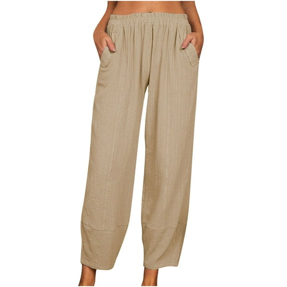 Timegard Womens Plus Size Pants Elastic High Waisted Wide Leg Casual Loose 3/4 Trousers with Pockets