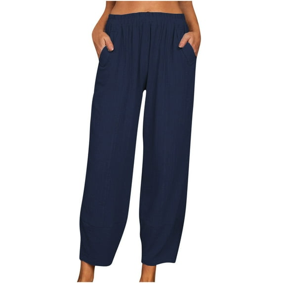 Timegard Womens Plus Size Pants Elastic High Waisted Wide Leg Casual Loose 3/4 Trousers with Pockets